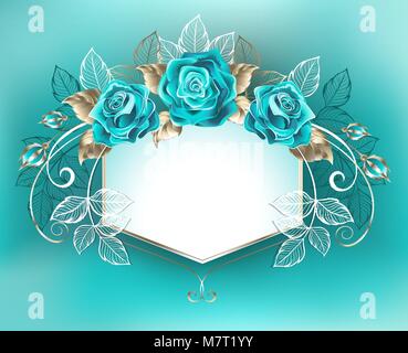 Bannière blanche, ornée de roses turquoise avec des feuilles d'or blanc sur fond bleu turquoise. Tiffany bleu. La couleur à la mode. Rose Turquoise. Illustration de Vecteur