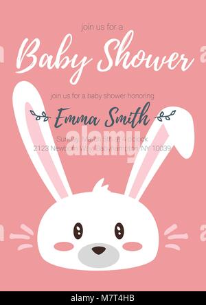 Vector cartoon style illustration de l'invitation de douche de bébé. Bébé garçon ou fille célébration modèle de carte de vœux avec tête de lapin mignon. Illustration de Vecteur