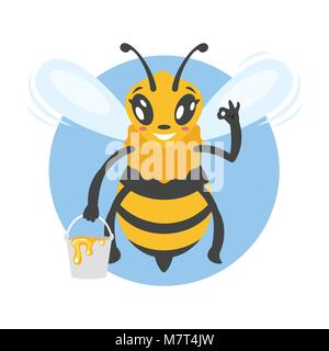 Vector cartoon style illustration du caractère de l'abeille de miel et godet en montrant un bon geste. Illustration de Vecteur