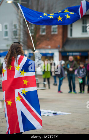 Les artistes de rue au Brexit manifestation avec drapeaux Europe et Royaume-Uni Banque D'Images