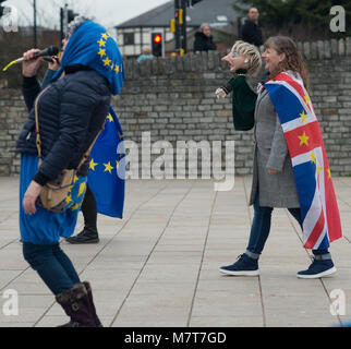 Les artistes de rue au Brexit manifestation avec drapeaux Europe et Royaume-Uni Banque D'Images