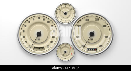 Vintage Car gauges isolé sur fond blanc. Indications pour le carburant, vitesse, RPM, distance et de la température. 3d illustration Banque D'Images