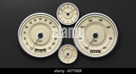 Vintage Car gauges isolé sur fond noir. Indications pour le carburant, vitesse, RPM, distance et de la température. 3d illustration Banque D'Images