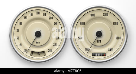 Vintage Car gauges isolé sur fond blanc. Les indications de vitesse, distance, RPM et de carburant,3d illustration Banque D'Images