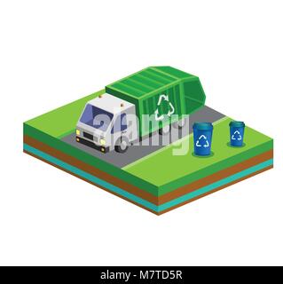 L'enlèvement des ordures avec bacs isométrique et ville camion. Vector illustration Illustration de Vecteur