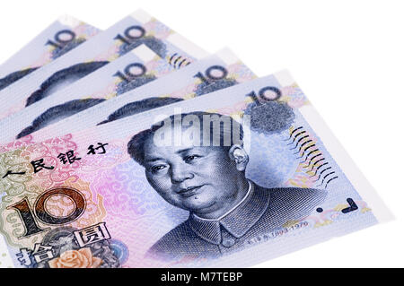 Plusieurs projets de monnaie Yuan chinois dix isolé sur un fond blanc. Banque D'Images