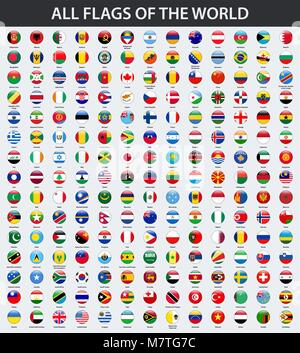 Tous les drapeaux du monde par ordre alphabétique. Cercle rond, style brillant Illustration de Vecteur