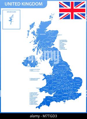 La carte détaillée du Royaume-Uni avec les régions ou États et villes, capitales. Le courant réel les UK, Grande-Bretagne devision administrative. Illustration de Vecteur