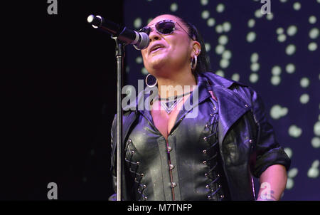 CORAL GABLES, FL - MARS 10 : Lisa Lisa effectue pendant le Super Freestyle Explosion à Watsco Center le 10 mars 2018 à Coral Gables, en Floride. Credit : MPI10 / MediaPunch Banque D'Images