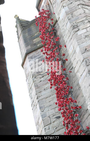 Cathédrale de Hereford - Mars 2018 - sculpture du coquelicot emblématique fenêtre pleurant par l'artiste Paul Cummins et designer Tom Piper ouvre à la Cathédrale de Hereford, dans le cadre de la dernière année de la Première Guerre mondiale 14-18 maintenant centenaire art project. Près de 6 000 coquelicots en céramique individuels découlent d'une fenêtre du haut vers le bas à la terre. L'exposition sera à la Cathédrale de Hereford au 29 avril 2018. Photo Steven Mai / Alamy Live News Banque D'Images