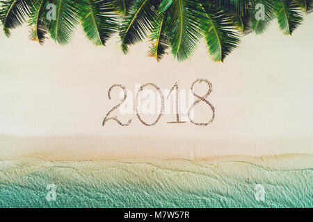 Des vacances sur l'île tropicale. 2018 écrire sur le sable de la plage. Palmiers et les vagues de la mer. Banque D'Images