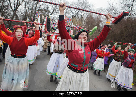 Carnival participants exécuter la danse avec mops au cours de l'Roztocký Masopust à Roztoky près de Prague, République tchèque. Masopust signifie 'au revoir à la viande" en langue tchèque. Cette fête populaire est célèbre dans toute la République tchèque avant le Carême. L'un des carnavals les plus spectaculaires Masopust a lieu chaque année dans la petite ville de Roztoky juste en dehors de Prague. Banque D'Images