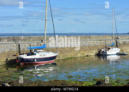 Voiliers amarrés en eau calme, abritée par la jetée en pierre. Banque D'Images