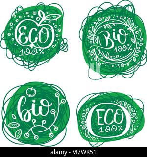 Vecteur Eco labels biologiques, bio pour emblèmes autocollants et restaurants la carte, des produits naturels de l'emballage. Sans gluten, végétalien, eco friendly cultivés localement s Illustration de Vecteur