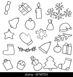 Nouvelle année icons set. Autocollants coloriage de Noël. Symbole de la collection d'Ève. Sapin, bonhomme de neige, bonbons, cadeau, présent, Bell, cap, l'impression démarre, jouet, arbre, Illustration de Vecteur