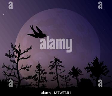 La forêt en arrière-plan de la lune et silhouette d'oiseau. Violet sombre nuit sky vector illustration. Illustration de Vecteur