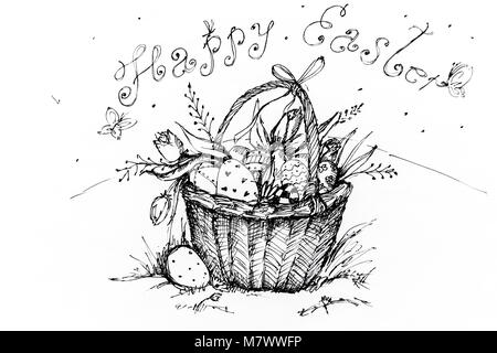Carte postale dessin d'un panier en osier avec des oeufs de Pâques. Joyeuses Pâques Banque D'Images