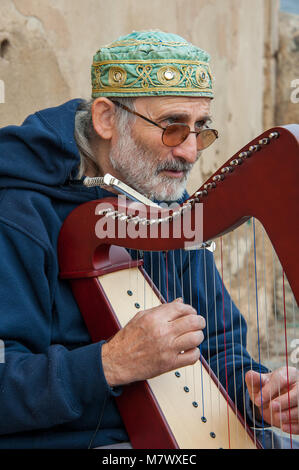 Close up de musicien jouant de la harpe au Château de Prague. Avec l'homme portant la barbe, fez vert veste bleue joue la musique populaire traditionnelle Banque D'Images