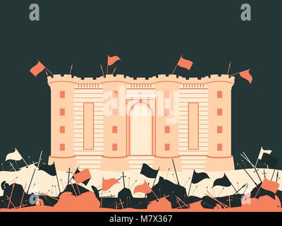 La forteresse de la Bastille. La bataille pour le château. Champ de bataille médiéval. Drapeaux, épées, lances et flèches. Vector illustration Illustration de Vecteur