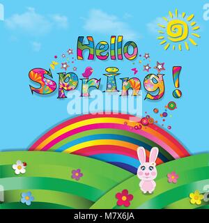 Bonjour printemps vector cartoon illustration papier coloré de mignon lapin rose assis sur beau terrain avec soleil, fleurs, oiseaux et arc-en-ciel sur sur bleu Illustration de Vecteur