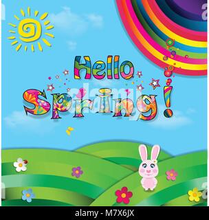 Bonjour printemps vector cartoon illustration papier coloré de mignon lapin rose assis sur beau terrain avec soleil, fleurs, oiseaux et arc-en-ciel sur sur bleu Illustration de Vecteur