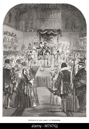 Couronnement du roi Jacques Ier, à Westminster, le 25 juillet 1603, le roi Jacques Ier d'Angleterre, le roi Jacques VI d'Écosse, Angleterre régna 1603-1625, régna en Écosse 1567-1625 Banque D'Images