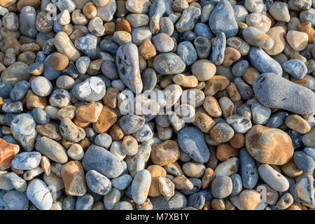 Close-up sur la plage de galets à Bexhill-on-Sea avec un mélange de gris, d'ocre et de lettres-cailloux blancs de différentes tailles Banque D'Images