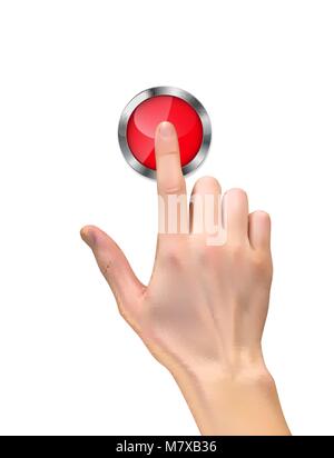 Silhouette 3D réaliste de pair avec inger en appuyant sur un bouton d'arrêt rouge sur fond blanc. Vector Illustration Illustration de Vecteur