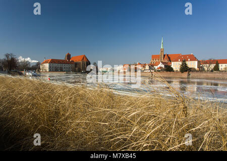 River Odra, église Saint Maria du sable et collégiale de la Sainte Croix et de Saint Barthélémy. Wrocław, Pologne. Banque D'Images