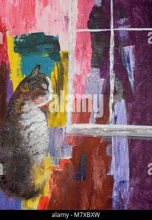 Chat regardant par la fenêtre rêvant de peinture colorée. Banque D'Images