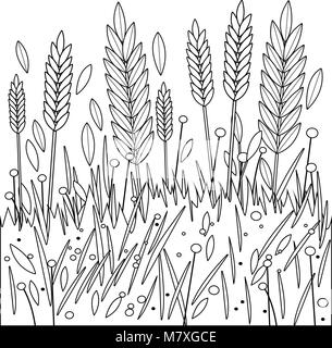 Contexte de céréales de blé ou d'orge poussant sur un champ. Avoine, épis de blé tiges champ. Page de coloriage noir et blanc vectoriel. Illustration de Vecteur