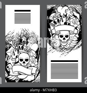 Symboles du tatouage rétro avec des bannières. Cartoon illustration old school Illustration de Vecteur