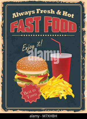 Vintage poster fast food avec des hamburgers, des frites et des boissons Illustration de Vecteur