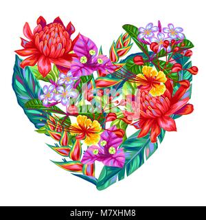 Coeur de décoration avec des fleurs en Thaïlande. Plantes multicolore tropical, les feuilles et les bourgeons Illustration de Vecteur