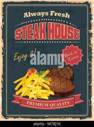 La conception d'affiches vintage Steak House avec frite et délicieux steakes de boeuf Illustration de Vecteur