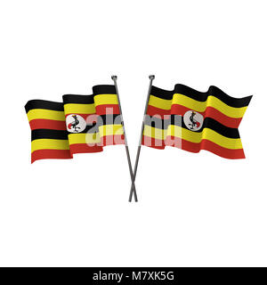 Drapeaux de l'Ouganda ont traversé isolé sur un fond blanc. Le Rendu 3D Banque D'Images