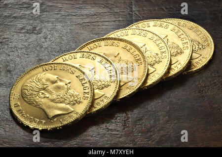 20 Francs belges des pièces d'or sur fond de bois rustique Banque D'Images