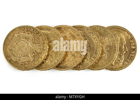 Pièces d'or de 20 Francs belge isolé sur fond blanc Banque D'Images