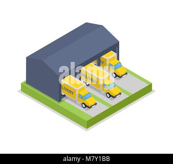 Les camions de livraison en entrepôt hanger icône isométrique Illustration de Vecteur