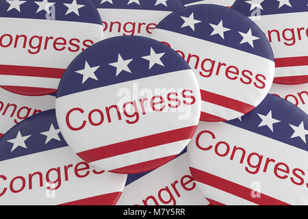 La politique USA News Badges : tas de boutons avec le Congrès US Flag, 3d illustration Banque D'Images