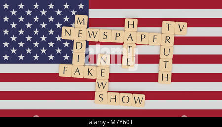 La politique USA News : lettre carreaux Fake News Concept mots sur nous Drapeau, 3d illustration Banque D'Images