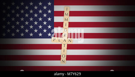 La politique USA News Concept : lettre carreaux sur le plan d'immigration US Flag, 3d illustration Banque D'Images