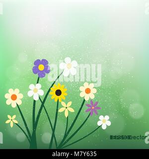 Fleurs sauvages sur fond vert flou flou. Nature printemps ou été résumé de la flore. Violette bleuet camomille snowdrop croître sur les produits de l'agriculture Illustration de Vecteur