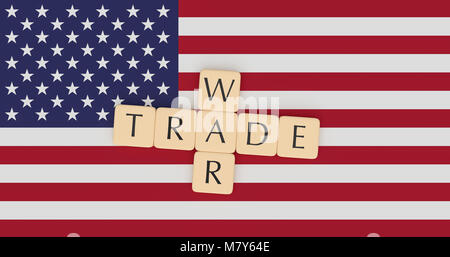 La politique USA News Concept : lettre carreaux guerre commerciale sur US Flag, 3d illustration Banque D'Images