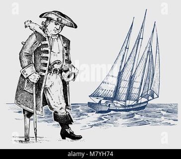 Le capitaine pirate ou homme sur navire voyageant à travers les océans et les mers. Aventure maritime d'un marin. crochet et voilier. croquis dessinés à la main, gravée dans un style vintage. Conception pour tatouage ou impression sur t-shirt Illustration de Vecteur