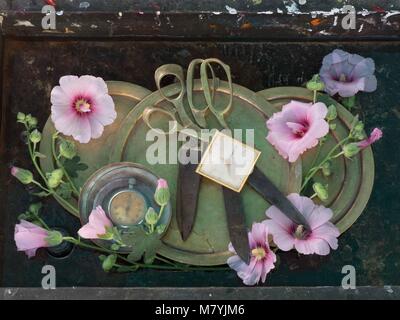 Encore l'art avec la vie d'objets vintages : ancienne ciseaux avec poignées de cuivre se trouvent sur plats ronds au milieu de fleurs roses délicates et mallow bourgeons. Banque D'Images