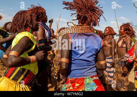 Les jeunes femmes Hamar Dancing un taureau sautant Cérémonie, Dimeka, vallée de l'Omo, Ethiopie Banque D'Images