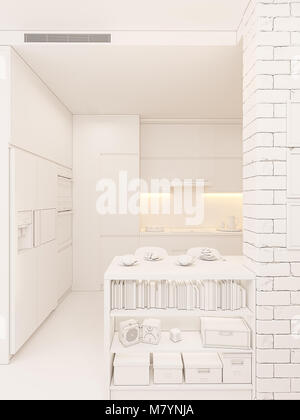 Illustration 3d panorama design intérieur de cuisine de couleur blanche. Studio moderne dans le style minimaliste scandinave. L'image de rendu vertical Banque D'Images