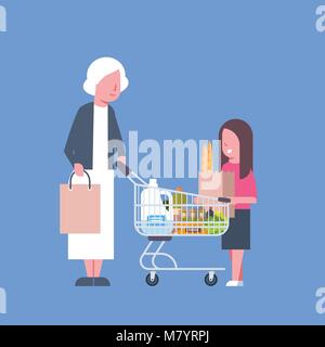 Fille avec grand-mère Holding Shopping Sac en papier et panier plein de produits d'Épicerie Illustration de Vecteur