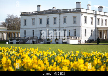 Greenwich, Royaume-Uni. 14 mars, 2018. Les jonquilles en face de la Maison de la Reine à Greenwich. Il a été d'une journée ensoleillée à Greenwich avec ciel bleu et les températures chaudes. Rob Powell/Alamy Live News Banque D'Images